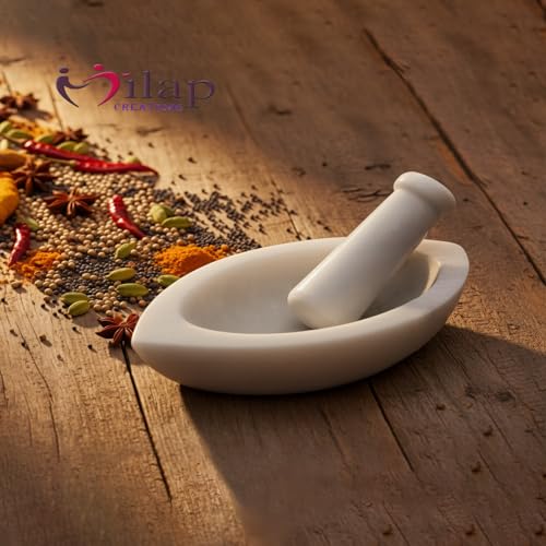 Image of Marble Mortar and Pestle Set Stone White Boat Shape 7 Inch Khalbatta Imamdasta Kharal Kundi Okhli Musal Mixer Silbatta Kitchen Tool for Grinding Ingredients