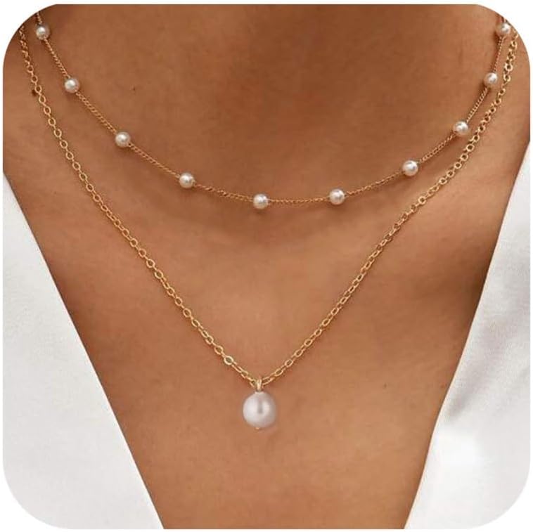 Pearl Layered Necklaces for Women, 14K Dainty Gold Necklace Pearl Cross Necklace Layering Chain Choker Jewelry Gift