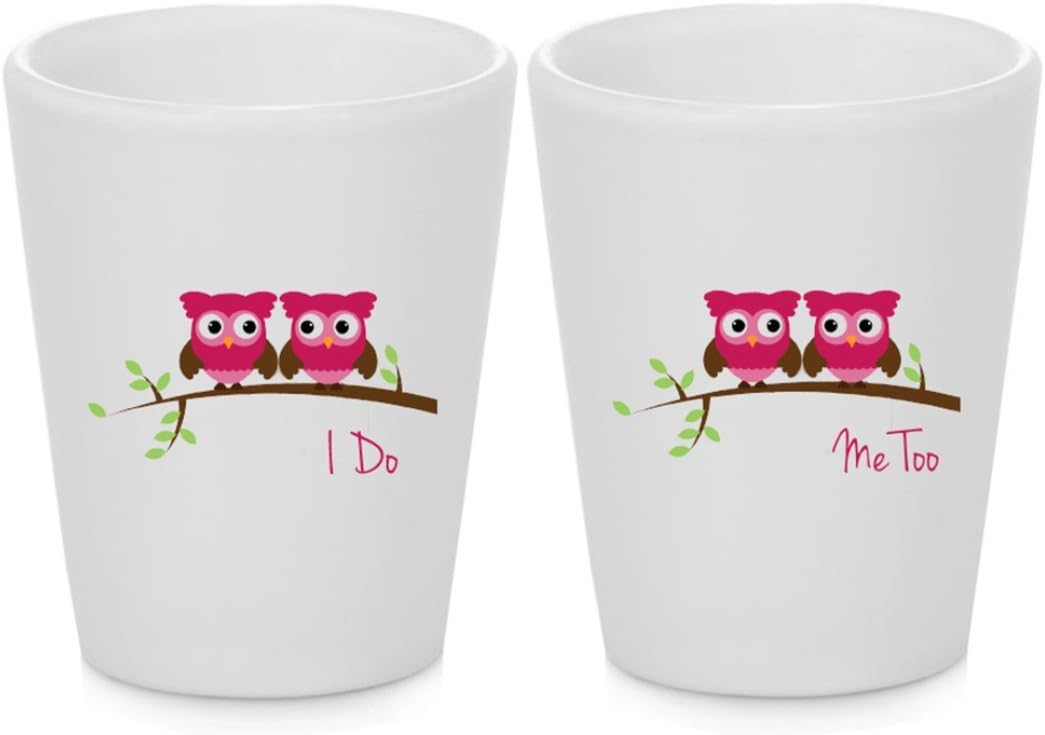 Lesbian Wedding Gift - Pair of Love Owls I Do, Me Too Shot Glasses! (2pcs)