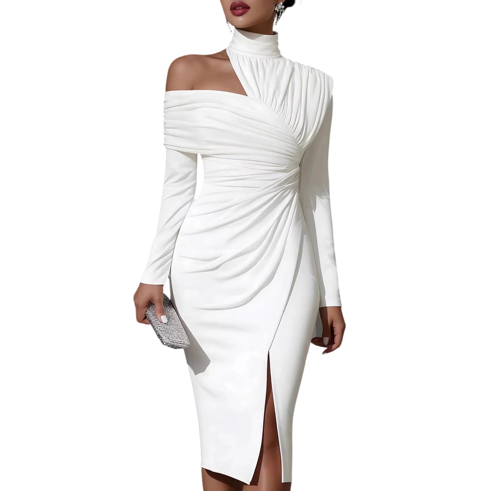 Generico Abito Midi Elegante da con Maniche Lunghe Drappeggiato Asimmetrico Scollo E Spacco Frontale Moderno