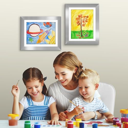Image of Americanflat - 2 Pack - Kids Artwork Frame Changeable (Silver) - Magnetic Door Holds 100 Art Pieces - 8.5x11 Letter Size Display with Mat or 10x12.5 Without Mat - My Mini Masterpiece