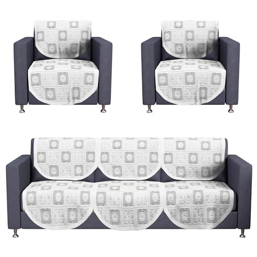 Image of Kuber Industries (Set of 10) Stylish & Durable Cotton Sofa Covers 5 Seater | Washable Sofa Protector /Mat & Slipcover for Hall, Living Room & Office | Square Flower - White
