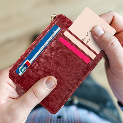 Image of Slim Minimalist RFID Blocking Leather Wallets Credit Card Holder Case Money Clip Pocket Wallet Coin Purse Keychain Travel Clutch Handbag Pocket Pouch Holster Gifts for Women Men (Red)