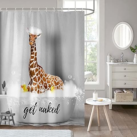 Zokyer Funny Giraffe Shower Curtain Grey Get Naked Animal Kids Cute Cartoon Bathroom Decor Polyester Fabric Waterproof Durable Plastic Hooks 12 Pack (60Wx72L) Cover