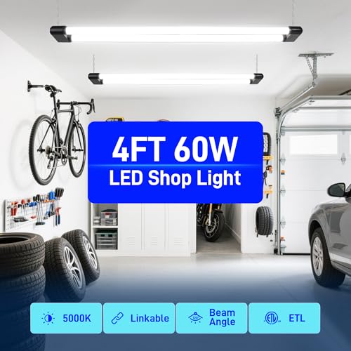 Image of hykolity 4FT 60W LED Shop Light,6500LM[450W Equivalent] 5000K Daylight | Plug-in Utility Linkable Shop Lights for Garage Workshop Warehouse Basement, Ceiling Hanging or Surface,Black,4 Pack