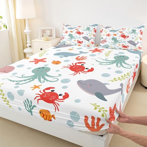 Image of jejeloiu Dolphin Bed Sheets Sets Queen Size Kids Boys Girls Jellyfish Crab Starfish Bedding Set Ocean Bed Sheet Set with 16-Inch Deep Pockets 4Pcs with 2 Pillow Cases