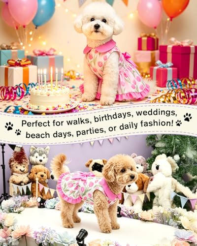 Image of CuteBone Spring Tulip Pet Dress with Peter Pan Collar - Pink Floral Pattern - Sleeveless Ruffled Skirt with Bow for Small Dogs, Cats - Garden & Casual Wear