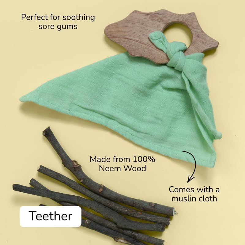 Image of Baby Gift Set - Bageecha | Newborn Gift Set with Muslin Swaddle, Wooden Rattle, Rolling Toy & Neem Wood Teether | 3 Months+ | Handmade in India | Non Toxic Baby Gift