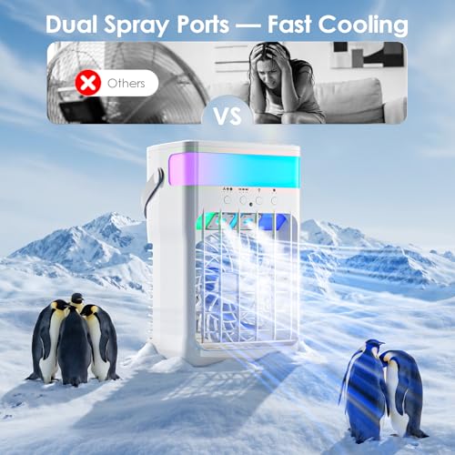 Portable Air Conditioners - Compact AC Unit with 1600ML Water Reservoir, Dual Spray Ports, 3 Fan Speeds, Timers, and 10 Colorful Light Options for Home, Camping, and Office Use - Image 2