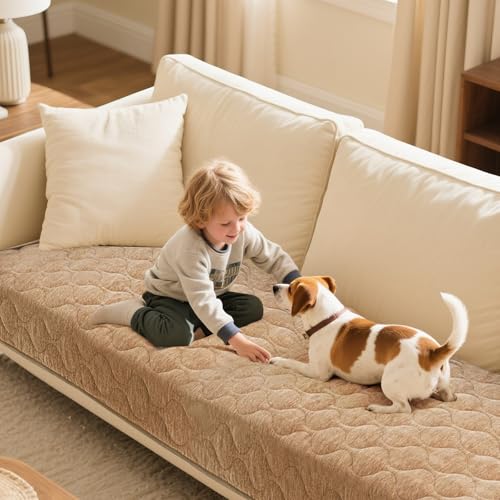 Turquoize Non-Slip Pet Couch Covers for Sofa Couch Cover for Dogs Washable Quilted Chenille Textured Sofa Slipcover Couch Cushion Protector Covers Pets Friendly Mat, 36 x 82Inch, Khaki