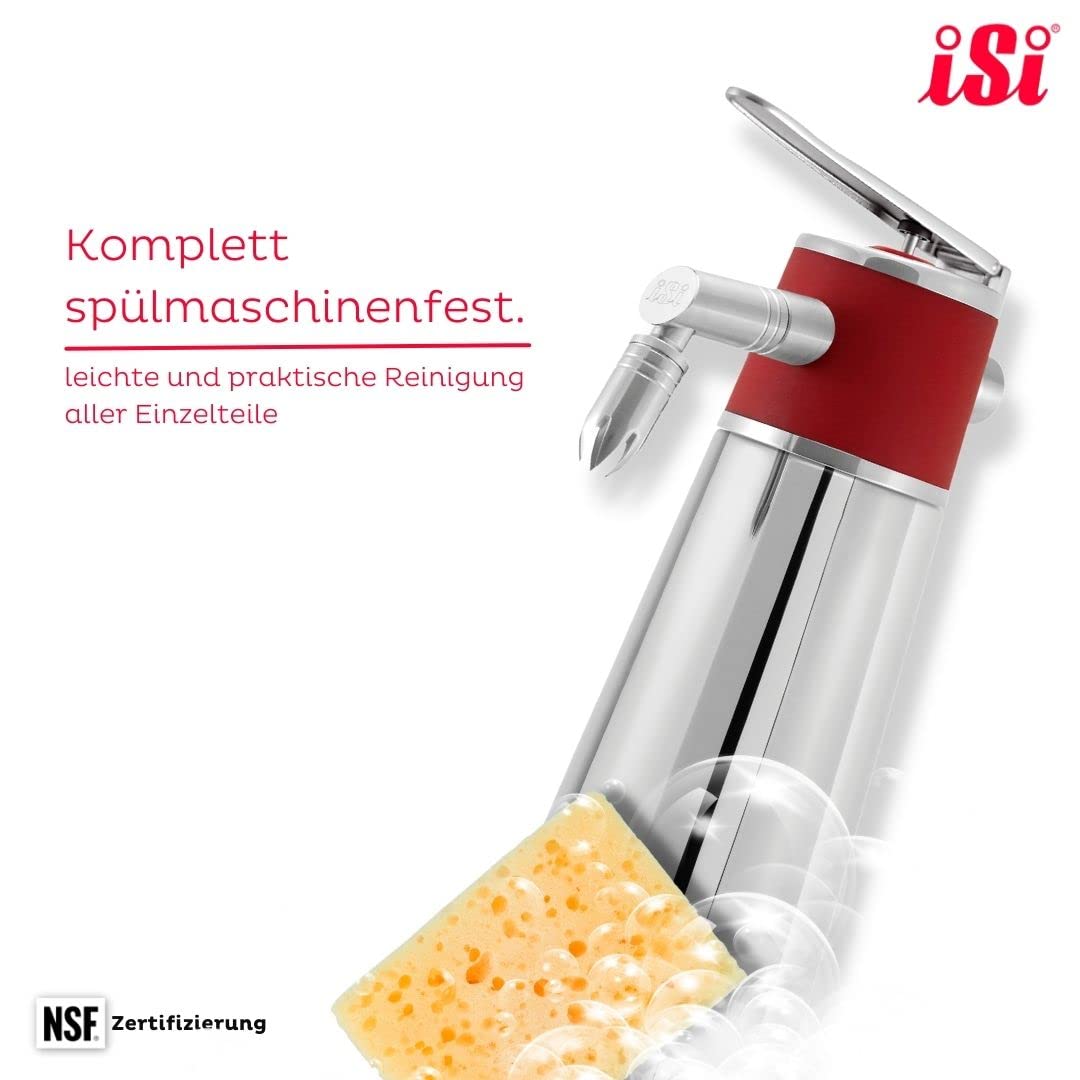iSi Thermo XPress Whip PLUS 1 Liter, Freistehendes Sahnegerät mit Thermoisolation, Für Warme und Kalte Anwendungen, iSi Sahnespender Edelstahl, Spülmaschinenfest, Inkl. Reinigungsbürste, Silber, Rot