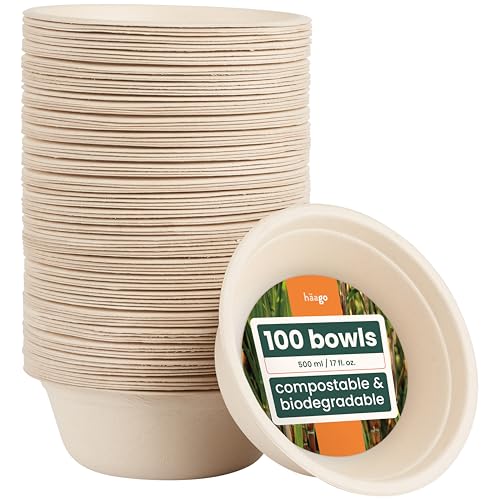 HAAGO 100 Ciotole di Canna da Zucchero Ecologiche Biodegradabili e Compostabili a Casa - Come le Ciotole di Carta, Ciotole Monouso per Cibi Caldi e Freddi - 500 ml