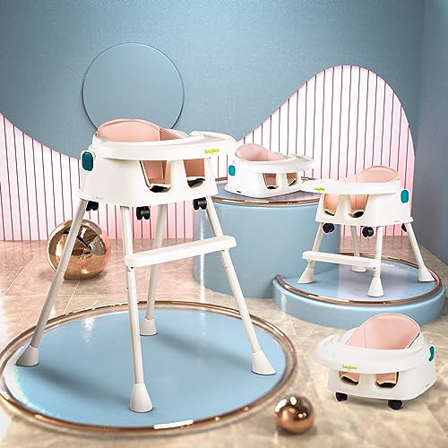 Image of Baybee 4 in 1 Convertible Kids High Chair for Baby | Comfortable Booster Seat with Height Adjustable, Footrest, Food Tray & 3 Point Safety Belt | Feeding Chair for 1 to 4 Years Boys Girls (Pink)