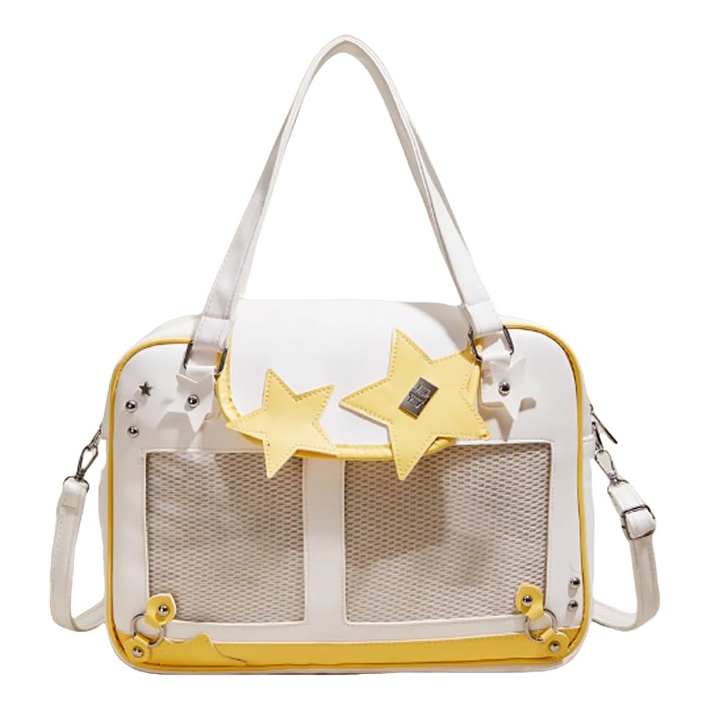 Transparente Damen-Umhängetasche, großes Fassungsvermögen, Handtasche aus PU-Leder, Kawaii-Stern-Design, Itabag für Reisen und Shopping