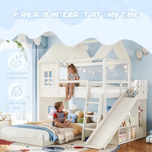 Image of Bellemave Twin Over Full House Bunk Bed with Slide and Storage Shelves for Kids,Solid Wood Floor Bunk Bed Frame with Wardrobe and Inclined Ladder for Girls Boys,Beige