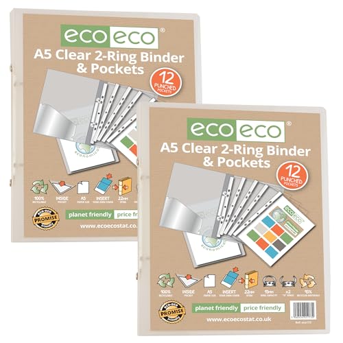 Image of eco-eco A5 65% Recycled Clear Presentation Ring Binder with 12 Multi Punched Pockets, Pack of 2, eco173x2