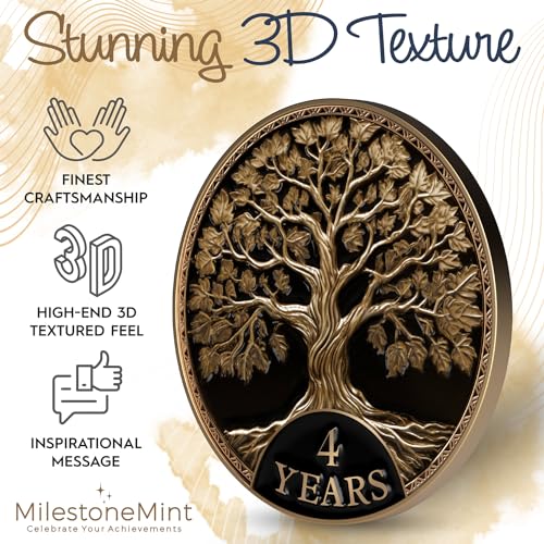Image of MilestoneMint 4 Year Sobriety Coin Tree of Life Gift Set | Anniversary Sobriety Gifts for Men & Women | AA Coins and Medallions with Token Capsule, Stand & Card | 3D Texture, Recovery AA Chips