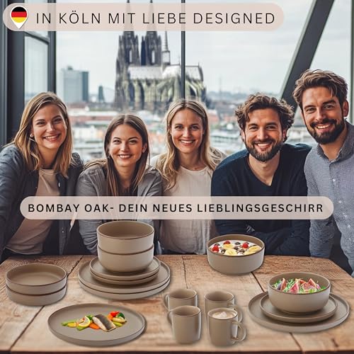 SÄNGER Bombay Oak | Kombiservice 20 teilig, Steingut Geschirr 4 Personen, 4x Speiseteller 4x Dessertteller 4x Schalen 4x Pastateller 4x Kaffeebecher, Teller Set modern | VALUE COLLECTION