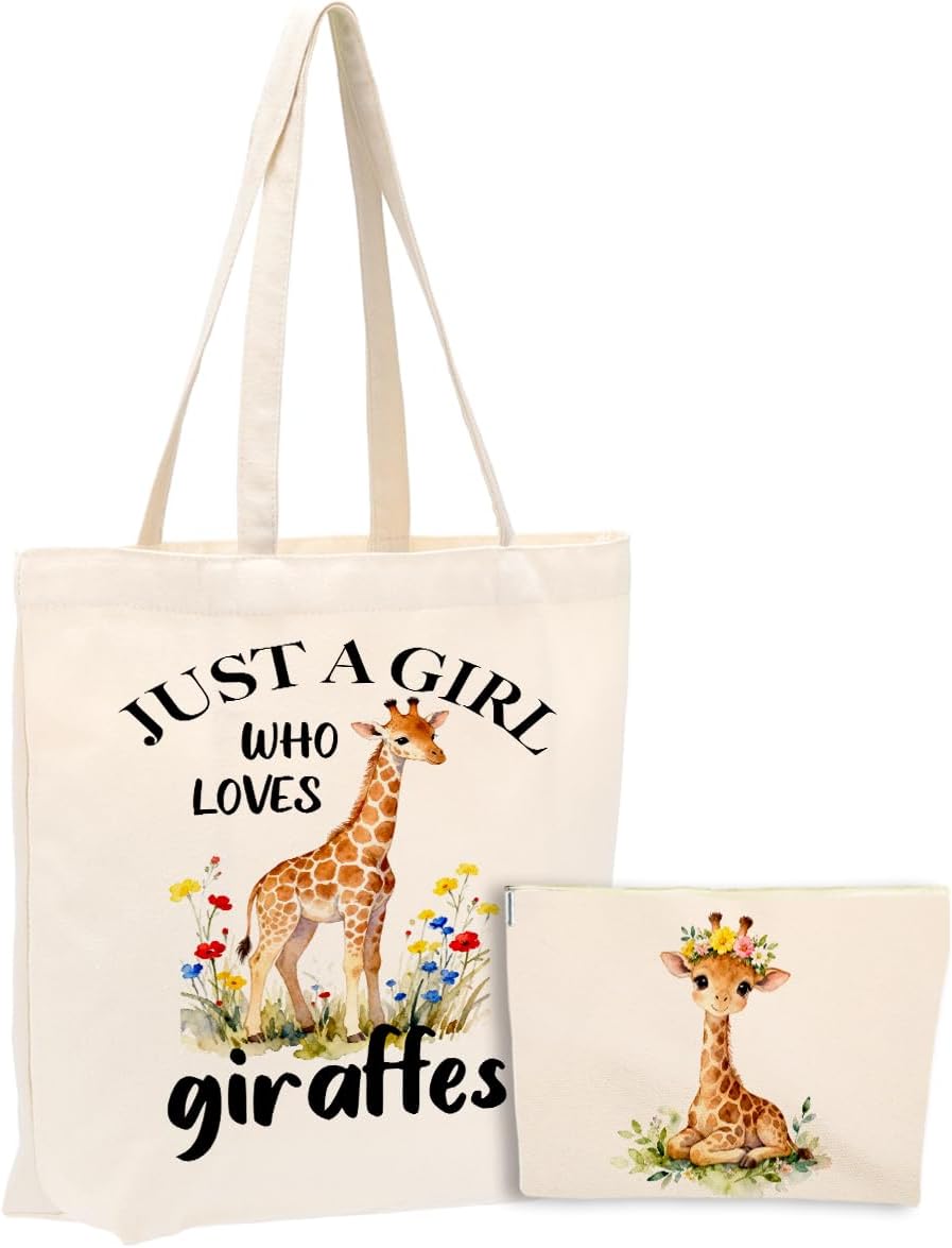 jeilink Watercolor Dinosaur Horse Wolf Fox Cow Chicken Canvas Tote Bag with Makeup Bag for Women Girls Birthday Christmas