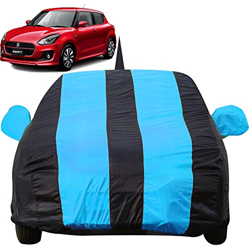 Image of Autofact Car Body Cover for Maruti Swift (2018 /2019) with Mirror and Antenna Pocket (Light Weight, Triple Stitched, Heavy Buckle, Bottom Fully Elastic, Teak Blue Stripes with Navy Blue Color)