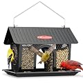 Kingsyard Bird Feeder for Outdoors Hanging, Dual-Use Metal Mesh Wild Bird Feeders with Seed Tray & Weatherproof Roof, 3 lbs Large Capacity, Black