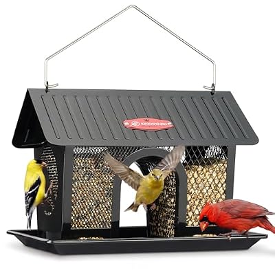 Kingsyard Bird Feeder for Outdoors Hanging, Dual-Use Metal Mesh Wild Bird Feeders with Seed Tray & Weatherproof Roof, 3 lbs Large Capacity, Black