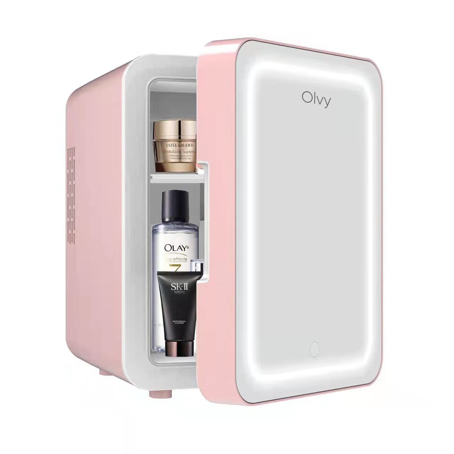 Olvy Kosmetik Kühlschrank 4 Liter, Tragbarer Mini Kühlschrank mit LED Spiegel, Klein Skincare Fridge, Kühl und Heiß für Zimmer, Rosa