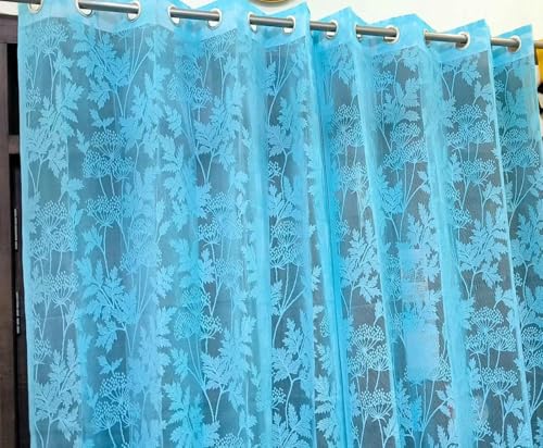 Image of Honger Semi Sheer Transparent Floral Design Heavy Tissue Net 4 x 7 Feet Door Curtains Pack of 2 Pecs Aqua Sheer Net for Home Living Room Curtains