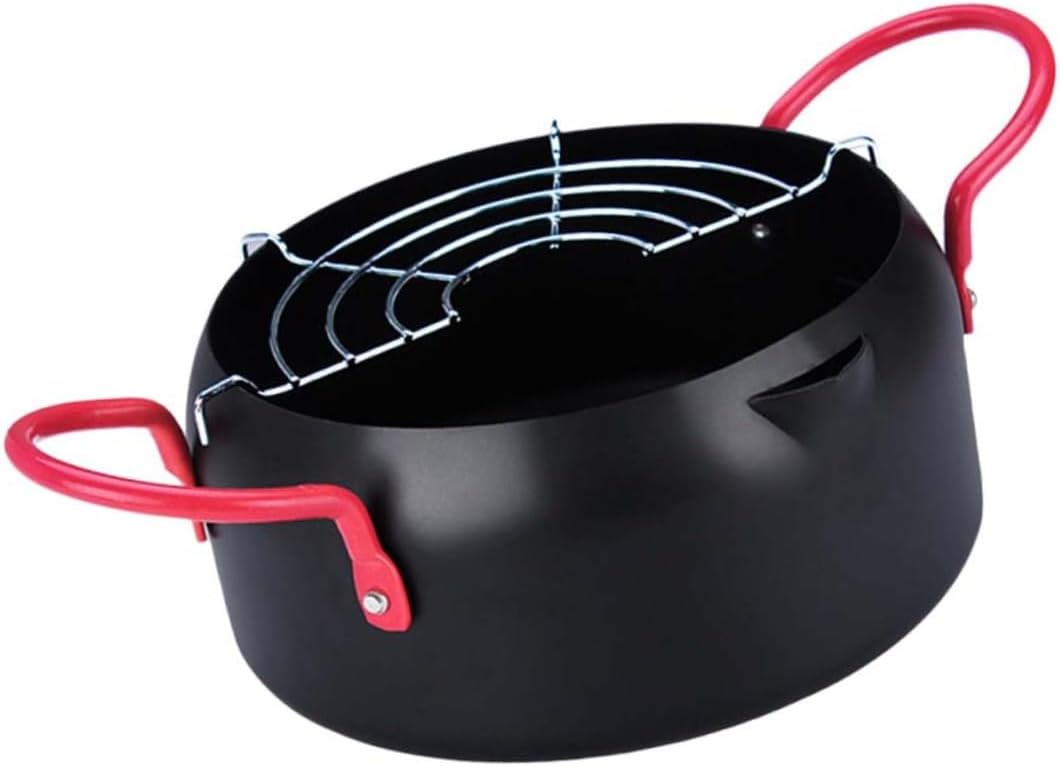 SMASOLO 22cm Large Capacity Frying Pot with Filter Household Iron Fryer for Induction Cooker and Gas Stove for Cooking Tempura Chicken Wings