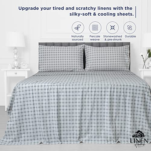 Image of Linen Home Cotton Lyocell Blend Percale Sheet Set Full Size - 4 Piece Deep Pocket Bedding, Pre-Washed & Shrunk, Crisp Cooling Fabric, Fade-Resistant, Hotel Luxury, Wrinkle-Free - Checks Silver