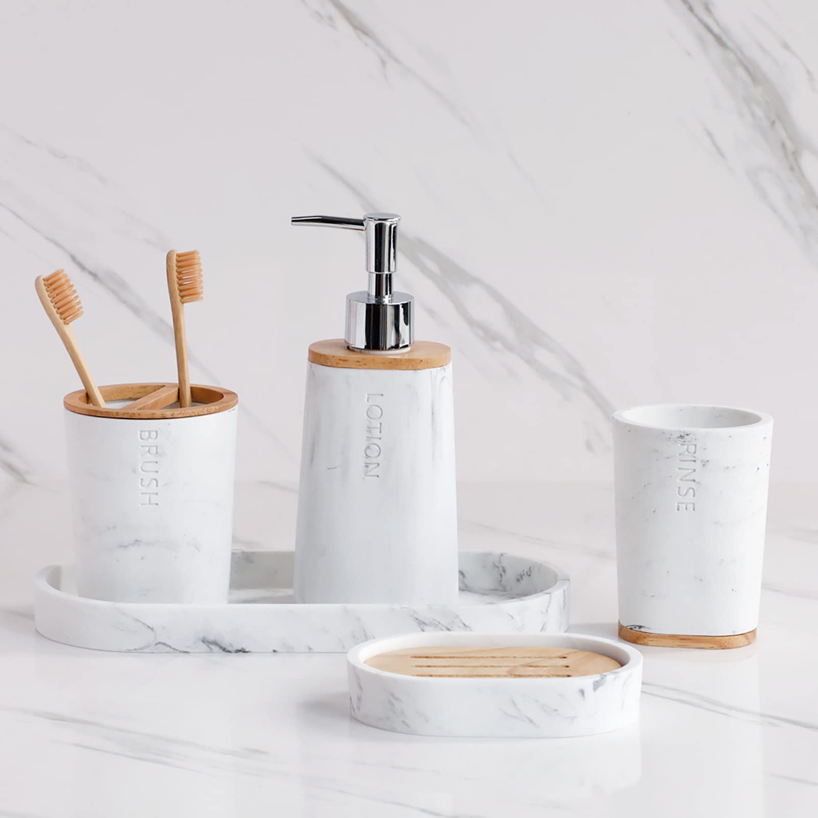 Juegos de Accesorios de baño, Simple Madera Acesorios Cuartos de Baño 5 Piezas con Escobillas de Baño Dispensador Jabon Baño Jabonera Baño Porta Cepillo de Dientes Blanco