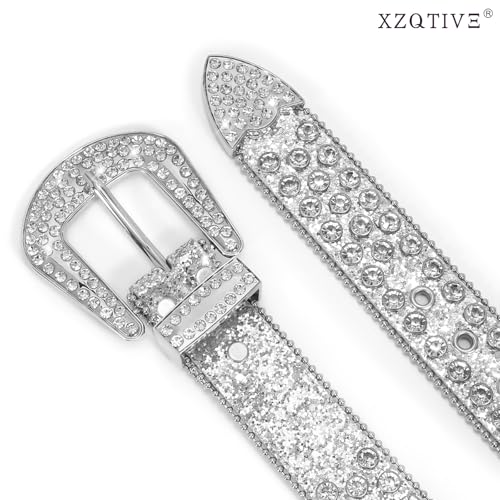 XZQTIVE Cowgirl Bling Studded Leather Belts for Jeans Pants with Rhinestone and Western Silver Buckle, Unisex2