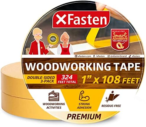 XFasten Double Sided Woodworking Tape, 1-Inch by 36-Yards, 3-Pack - Double Face Woodworker Turner's Tape for Wood Template, Removable & Residue Free