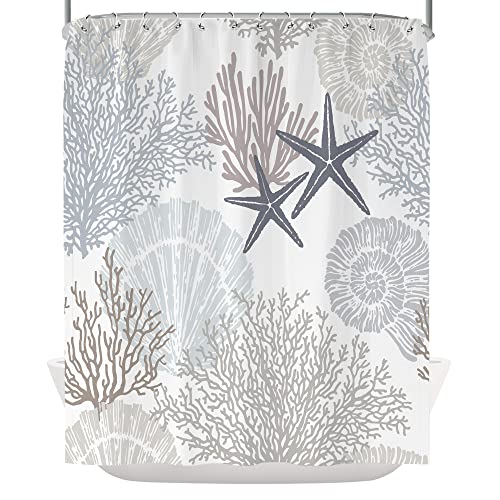 Tan Grey Brown Starfish Seashell Shower Curtain, Nautical Coastal Shower Curtains Set For Bathroom, Ocean Beach Summer Shower Curtain Vintage Teal Blue Marine Bath Curtain Accessories Decor,60X72 #TOP2