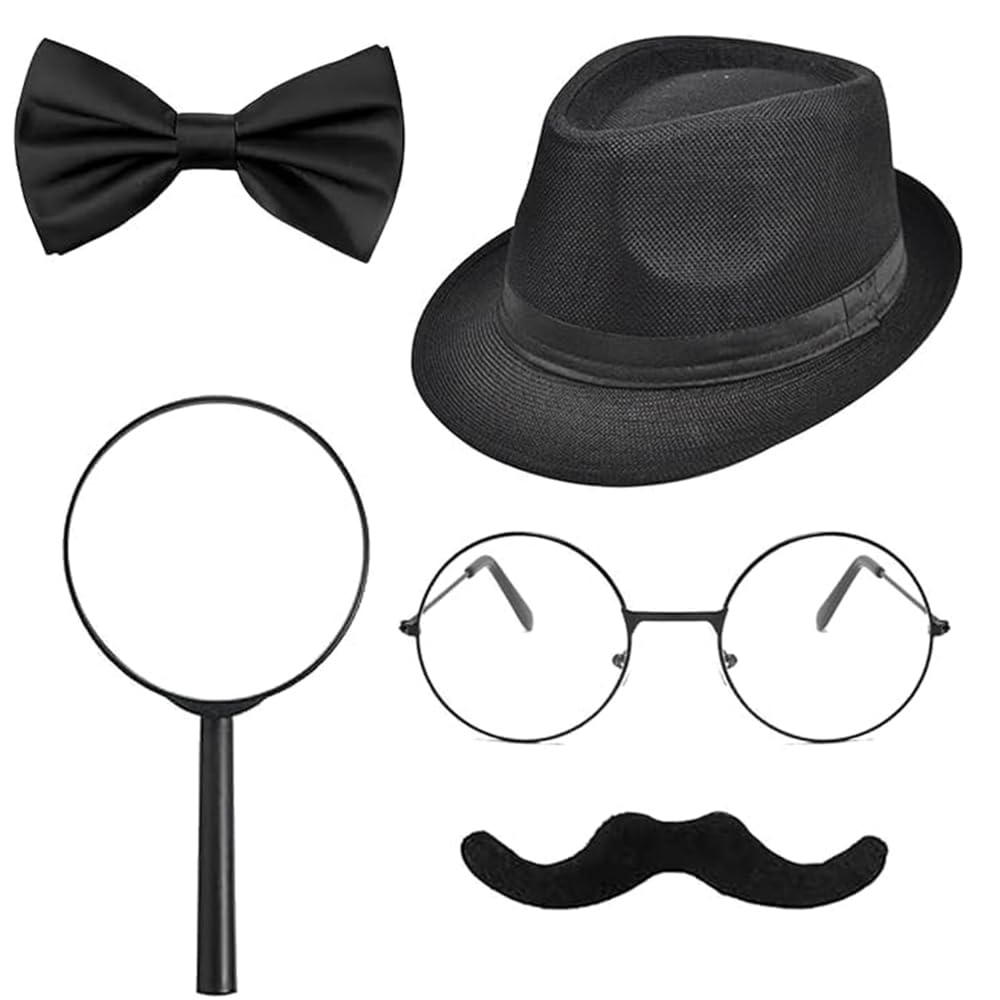Tsangbaby 5pcs Detective Costume Accessories Set for Kids Adults Black Detective Fancy Dress Kit with Hat Fake Mustache Bow Tie Black Frame Glasses Magnifier for Halloween Cosplay Carnival Party