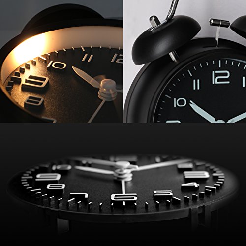 Betus [Non-Ticking Twin Bell Alarm Clock - Metal Frame 3D Dial With Backlight Function - Desk Table Clock For Home And Office - Midnight Black #TOP3