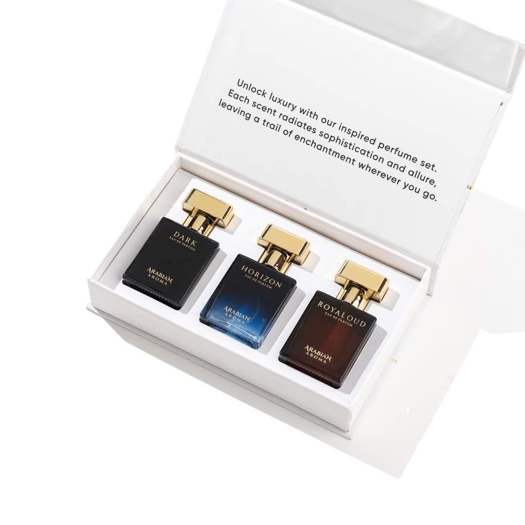 Arabian Aroma Signature Luxury Perfume Gift Set for Men | Exotic Men's Perfume Combo | Eau De Perfume | Perfume for Men Long Lasting Smell | Royal Oud, Horizon & Dark (30ml)