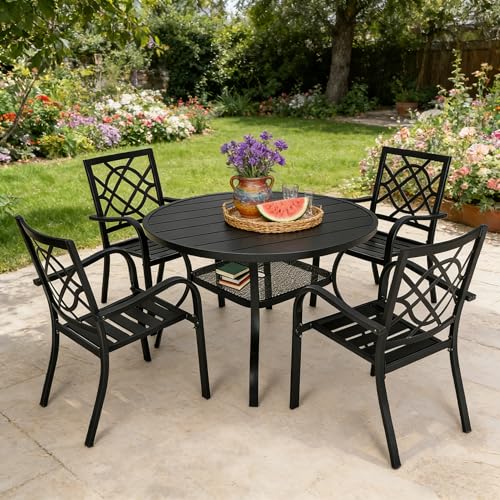 Image of SUNCROWN 5-Piece Outdoor Dinging Set, Wrought Iron Chairs and Table Patio Dining Furniture Set - 4 Stackable Metal Chairs, 1 42 inch Round Steel Slat Bistro Table for Garden Backyard Deck
