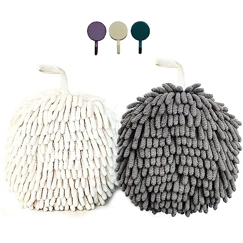 ACOCPOL Chenille Hand Towel Cute Flat Ball Shape Thickened Sponge Instant Absorbent Quick-Drying Towel Kitchen Bathroom Hanging Convenient Quick-Drying (White Gray)