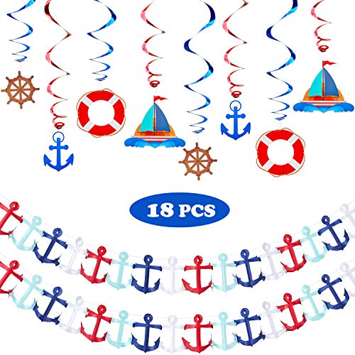 18 Pieces Nautical Party Supplies, Includes Nautical Garland Nautical Party Themed Hanging Banner and Nautical Hanging Swirl Decorations for Birthday Party Baby Shower Decoration