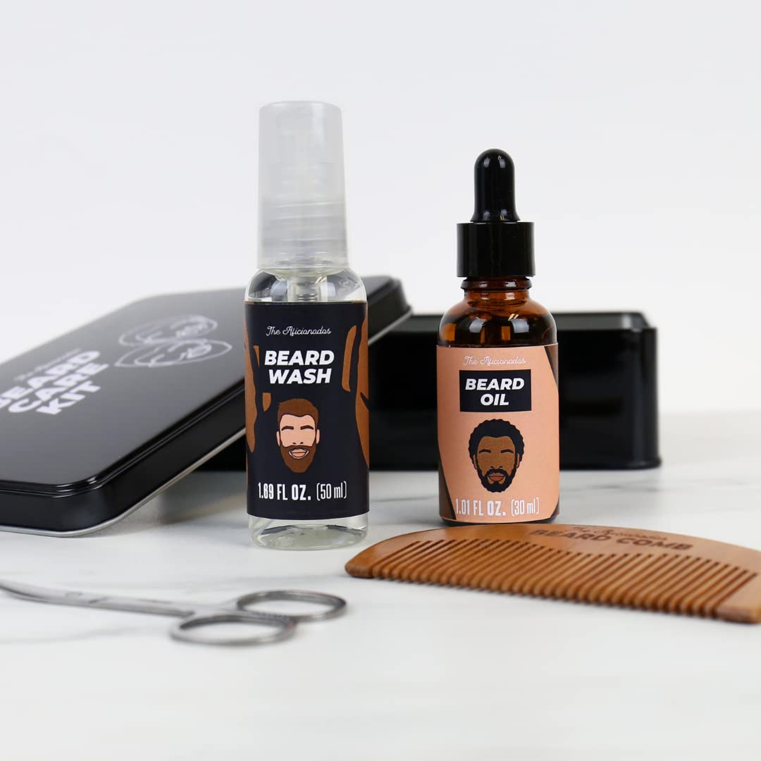 Aficionados Bartpflege-Set mit Bartöl, Bartwäsche, Pflegeschere und 1 Kamm. Geschenkset für Männer. Ideales Geburtstagsgeschenk, Vatertagsgeschenk, Weihnachtsgeschenk für Männer.