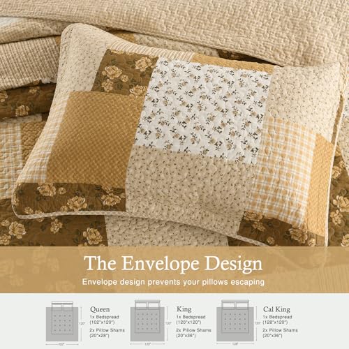 QuiltMuse Farmhouse Bedspread King Size 120"x120" - 100% Cotton Lightweight Oversized King Quilt with 2 Pillowshams, Country Plaid Botanical King Quilted Bedding Cover Coverlet, Beige/Khaki — view 6