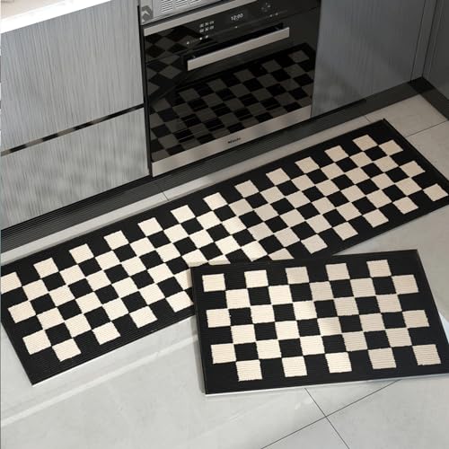 APROPHIC Tappeto Cucina 2 Pezzi, Tappeti da Cucina Antiscivolo, Tappeto Cucina Lavabile, Per Ingresso, Corridoi, Lavanderia, 45 x 75 + 45 x 120 cm, Tappeto Nero