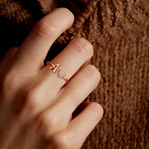 Image of Initial Rings for Teen Girls - S925 Heart Sterling Silver Rings for Teen Girls | 14K Gold /Rose Gold /Sterling Silver Plated Ring for Girls Kids Women Ring for Teenager Girls Gifts Adjustable, No Tarnish, Hypoallergenic