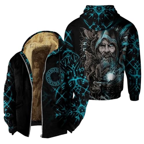 Caxndycing Chaqueta vikinga para hombre con tatuaje vikingo con capucha con forro polar, impresión 3D, cremallera, sudadera con capucha gruesa de manga larga, sudadera con capucha de invierno cálida
