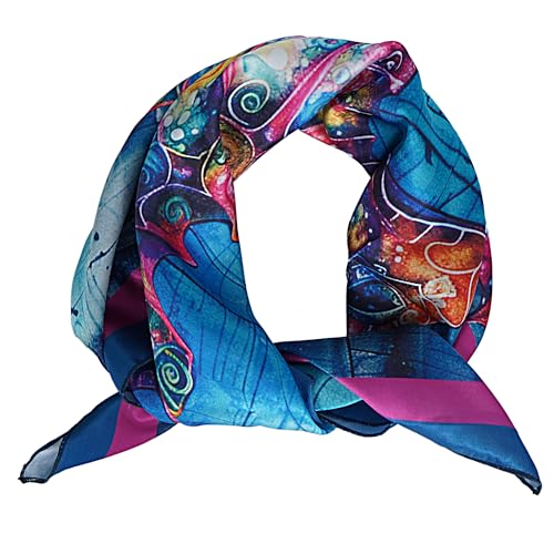 Silk Scarf -27'' x 27''- Lightweight Necke and Head Women Small Square Digital Printed Blue Line Scarves