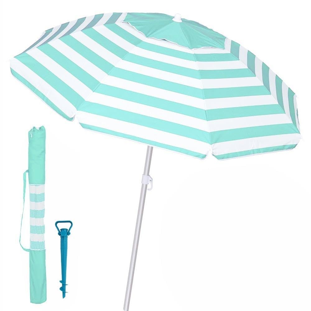 LOLAhome Pack de sombrilla de Playa Verde Turquesa 8 Varillas de Fibra Vidrio antiviento y protección Solar UPF+50 de Aluminio y Soporte de Arena, de Ø 180 cm