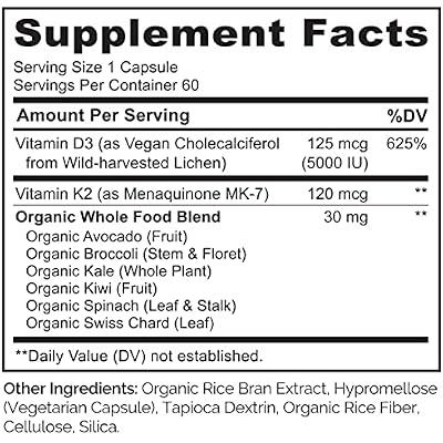 NATURELO Vitamin D3 K2 - Vegan K2+D3 with Plant Based D3 from Lichen - Natural D3 Supplement for Immune System, Bone Support, Heart Health - Whole Food - Non-GMO - Gluten Free, 60 Capsules (Pack of 2)