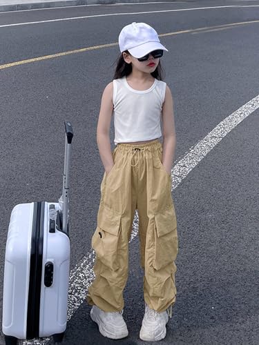 Image of Girls Cargo Pants Elastic Waist Drawstring with Pockets Pants | 6-14 years High Waist Loose fit School Hiking Casual