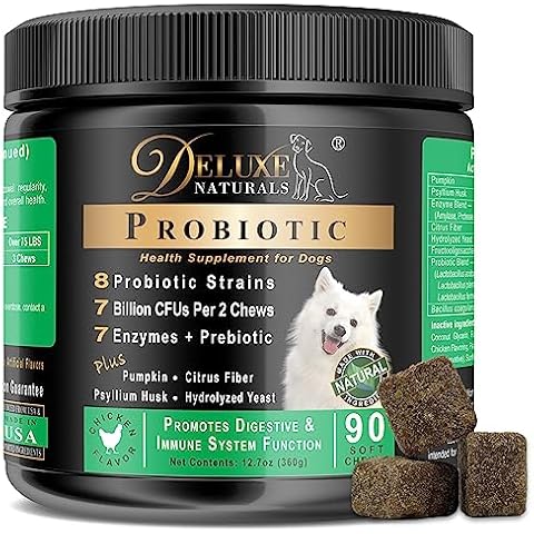Deluxe Naturals Probiotics for Dogs | All-Natural Dog Probiotic Supplement with Enzymes, Prebiotics, Pumpkin | Promote Digestive Health, Improve Allergy & Immunity, 90 Count (Pack of 1) Cover